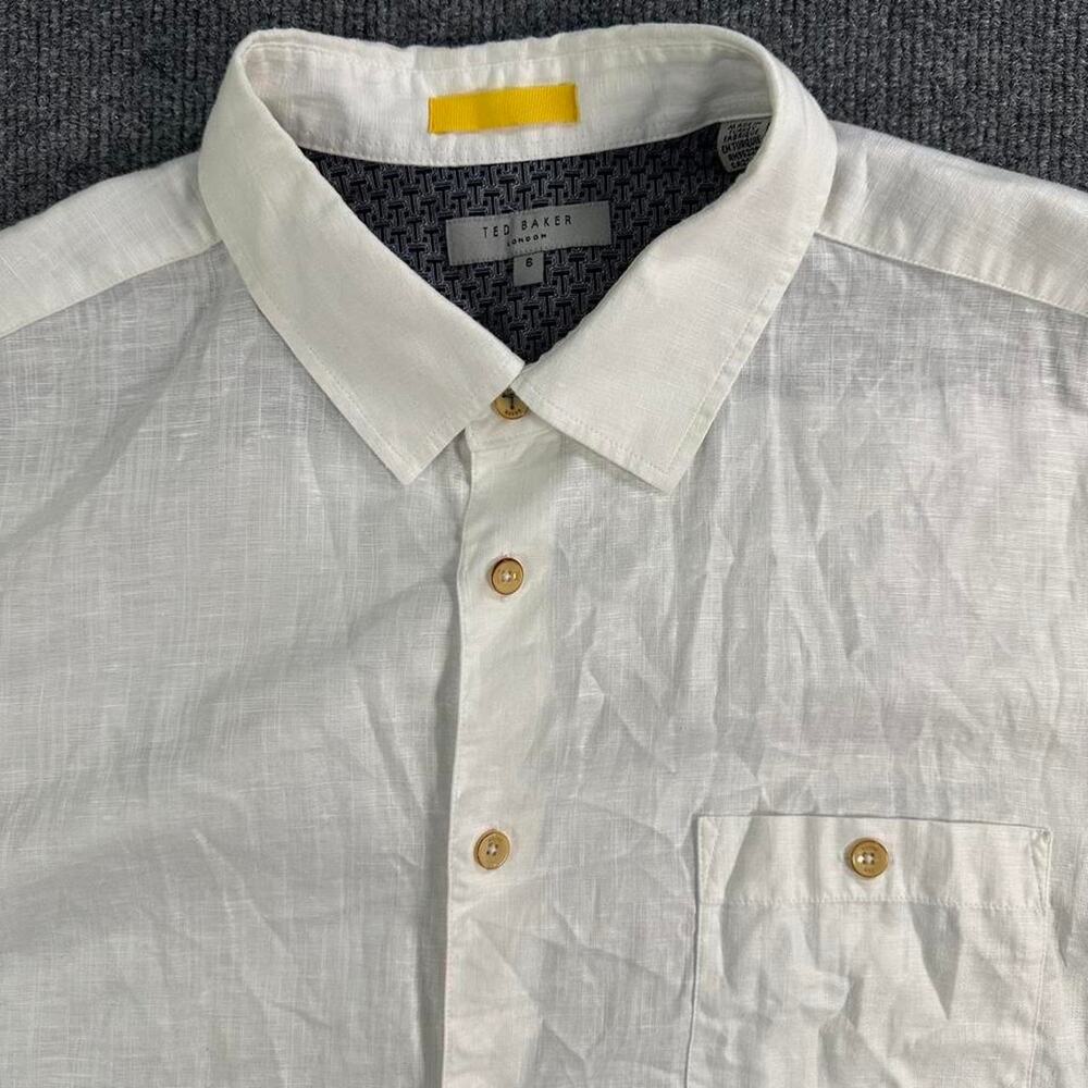 Ted Baker London Men’s Linen Blend Short Sleeve Button Up Shirt White Pocket 6
